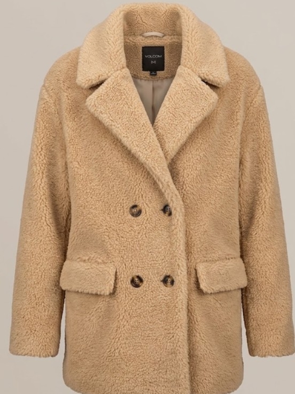 Tan Teddy Peacoat Faux Shearling Jacket (Sz S) Oversized Warm Neutral Layer